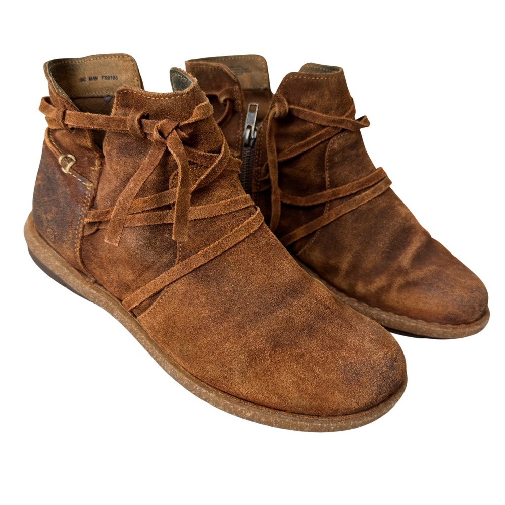 Born Tarkiln Boho Brown Suede Lace Zip Ankle Boots Bootie Womens 10 Distressed‎